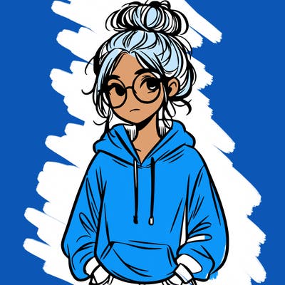 teen girl with a messy bun and glasses wearing a loose hoodie and jeans