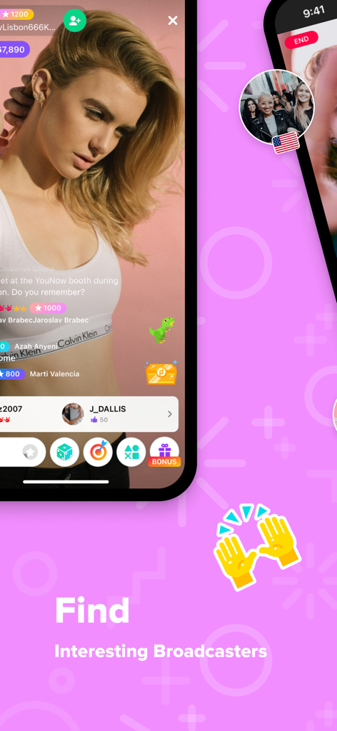 Tela de um smartphone exibindo uma transmissão ao vivo no aplicativo YouNow com recursos de interação social e o texto Encontre Broadcasters Interessantes.
