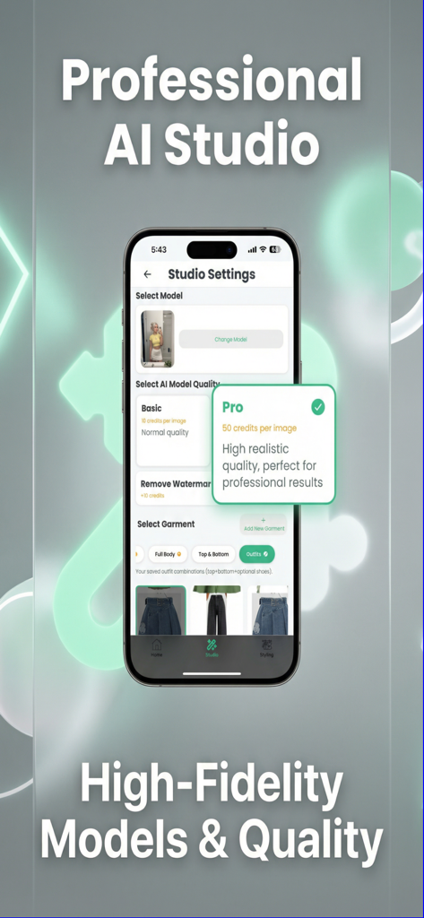 Interface of the professional AI studio within the Kombinlio app showing high fidelity model and garment selection settings.