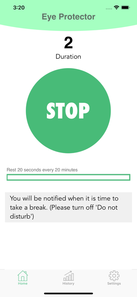 Eye Protector app interface showing a timer for the 20-20-20 rule and a large stop button