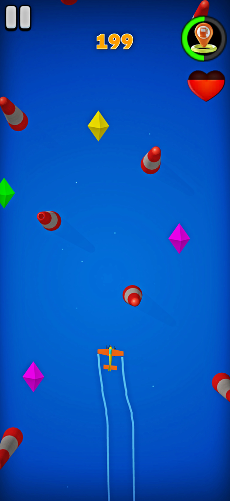 Fun Mini Games: No WiFi - Um avião amarelo voando por um céu azul desviando de obstáculos e coletando gemas no minijogo Sky Glide.