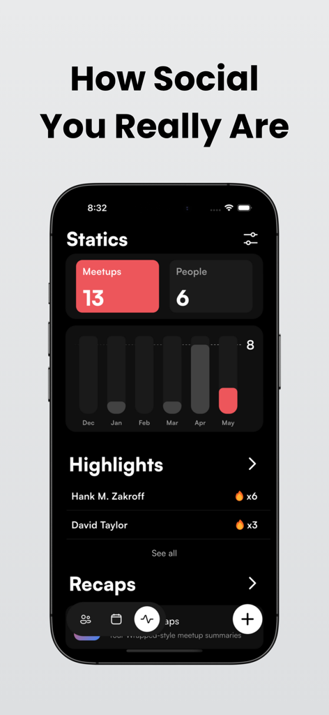 Meetlist: Meetup Tracker - Tela de smartphone exibindo estatísticas de encontros e resumos de atividades sociais mensais no aplicativo Meetlist.