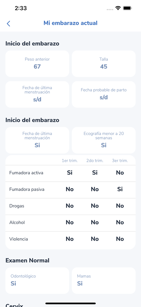 MiSip - Tela do aplicativo MiSip mostrando registros clínicos da gravidez atual em espanhol