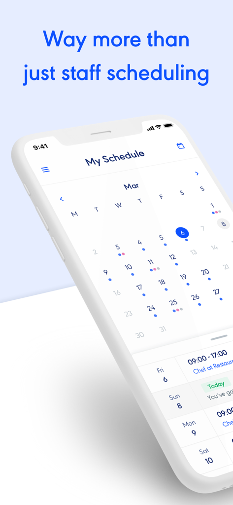 Rotaready - Rotaready mobile app showing a monthly work schedule calendar and shift details.