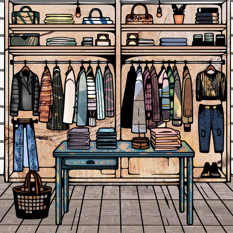 inside of a clothing store with racks of clothes and shelves