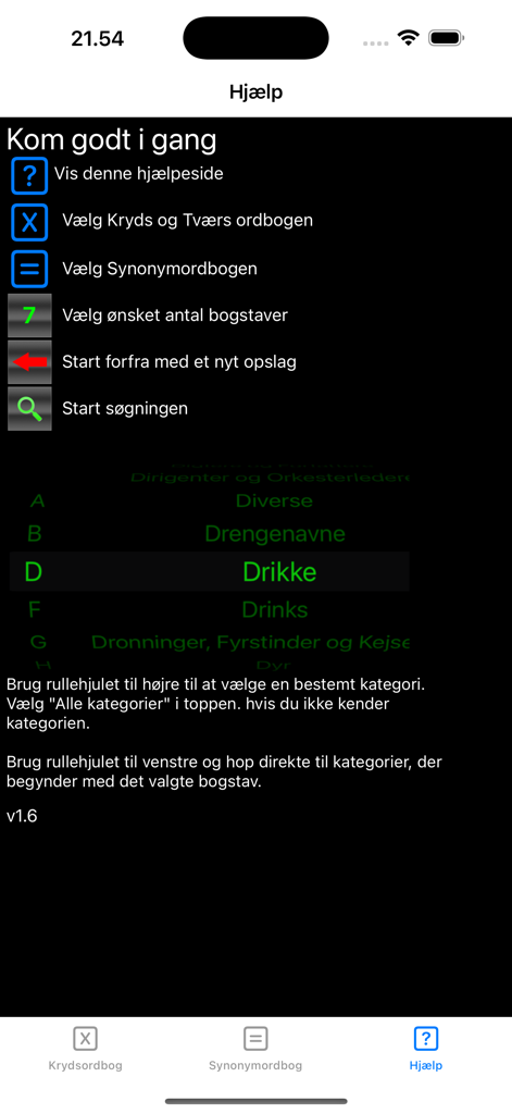 DanKryds - Help screen of the DanKryds app showing icon legends and category selection in Danish.