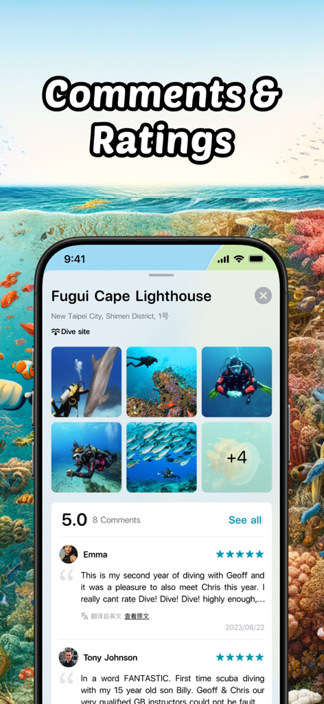 DIVEROUT-App-Oberfläche, die Benutzerbewertungen und Rezensionen für einen Tauchplatz anzeigt