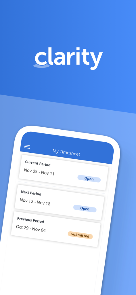 Interface of Clarity by Broadcom app displaying the My Timesheet overview with current and previous reporting periods.