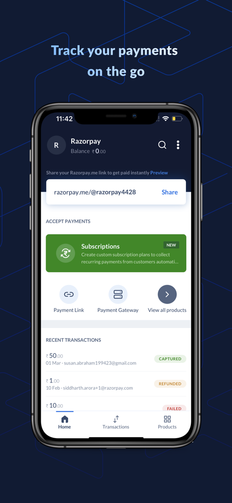 Tableau de bord de l'application mobile Razorpay avec le partage de liens de paiement et l'historique des transactions récentes