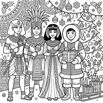 Celebrate the holiday season with a unique coloring page featuring children from diverse ancient cultures coming together for Christmas. This delightful scene combines historical costumes with festive decorations, perfect for young artists.