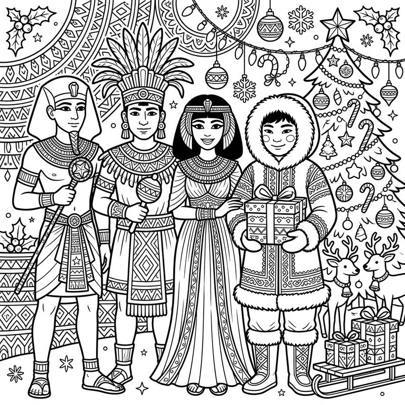 Celebrate the holiday season with a unique coloring page featuring children from diverse ancient cultures coming together for Christmas. This delightful scene combines historical costumes with festive decorations, perfect for young artists.