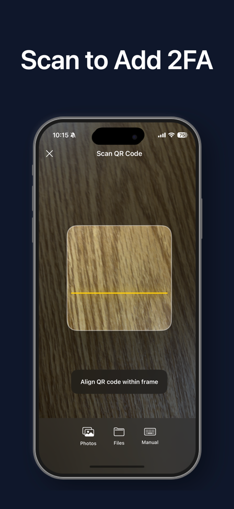 Interfaccia di Authenticator App 2 che mostra la vista fotocamera per scansionare un codice QR per aggiungere l'autenticazione a due fattori