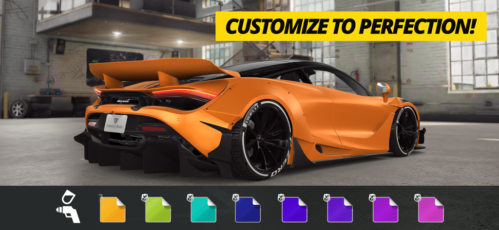 CSR 2 - Realistic Drag Racing - Una supercar McLaren arancione con kit widebody in fase di personalizzazione nel garage di CSR 2