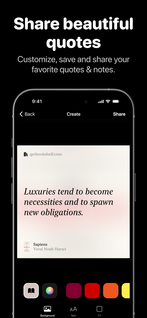 User interface for customizing and sharing book quotes in the Bookshelf app.