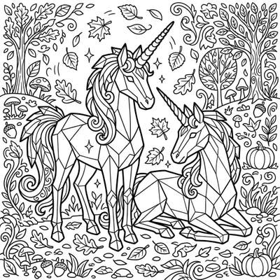 Discover the enchantment of crystal unicorns amidst a vibrant autumn landscape, adorned with falling leaves and harvest motifs. This intricate coloring page invites you to bring a touch of magic to the cozy fall season.