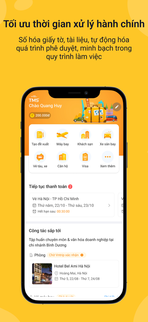 Vntrip TMS mobile app dashboard for business travel management and booking.