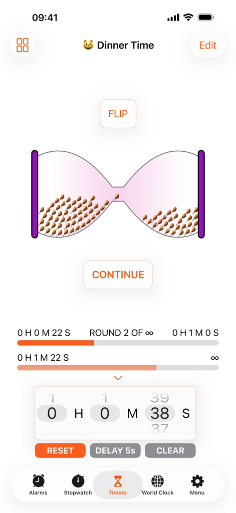 Mojisand: Emoji Sand Timers - Interface of Mojisand app showing a custom dinner timer with chicken leg emojis as sand in an hourglass.
