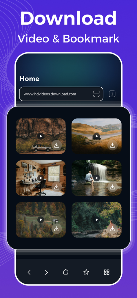 Video Downloader - Video Saver - ビデオダウンローダーアプリのインターフェース。ダウンロードおよびブックマーク準備完了のビデオグリッドを表示。