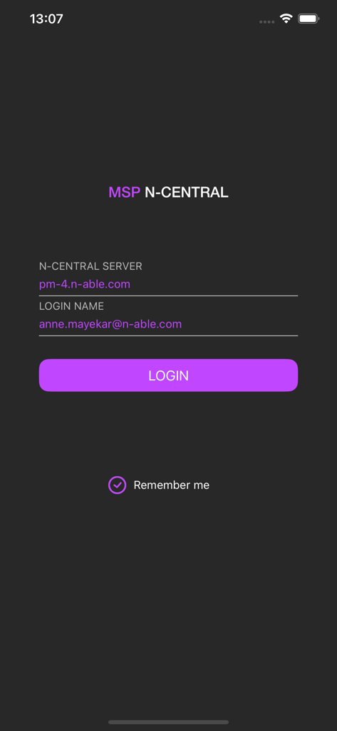 The login interface of the N-central Mobile application featuring server and login name input fields.