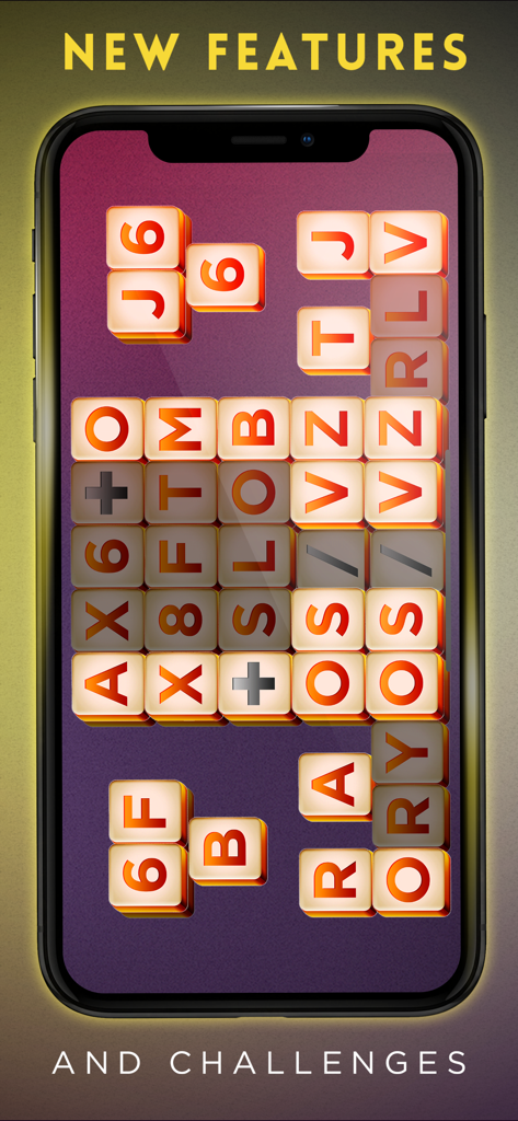 Mahjong Gold - Majong Master - Mahjong Gold Gameplay auf einem Smartphone-Bildschirm mit alphanumerischen Kacheln und dem Text Neue Funktionen