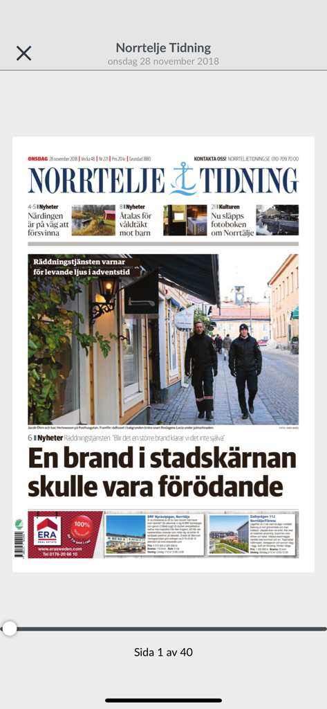 Digital front page of the Norrtelje Tidning newspaper featuring local Swedish news and headlines.