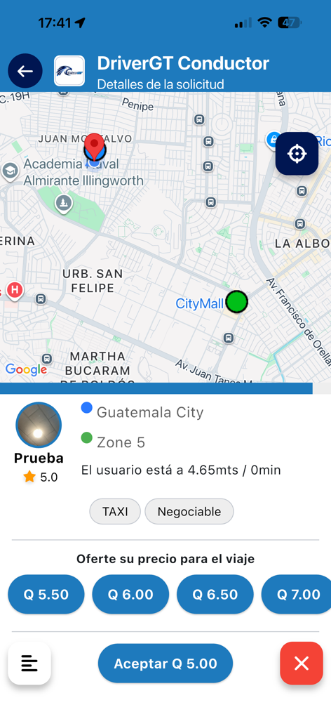 DriverGT Conductor - DriverGT Conductor app interface showing a ride request with map location and fare negotiation options.