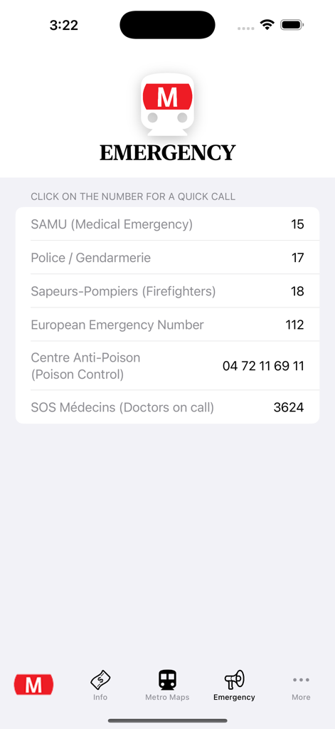 Lyon Subway Map - Écran de l'application Lyon Subway Map affichant les numéros d'urgence français pour les services médicaux, la police et les pompiers