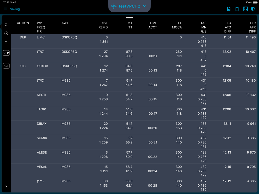 skyBRIEF navigation log interface showing flight waypoints and performance data.
