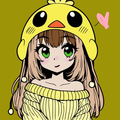 anime girl with chick shaped hat with sweater with bare shoulders with bangs covering them one eye with low tail