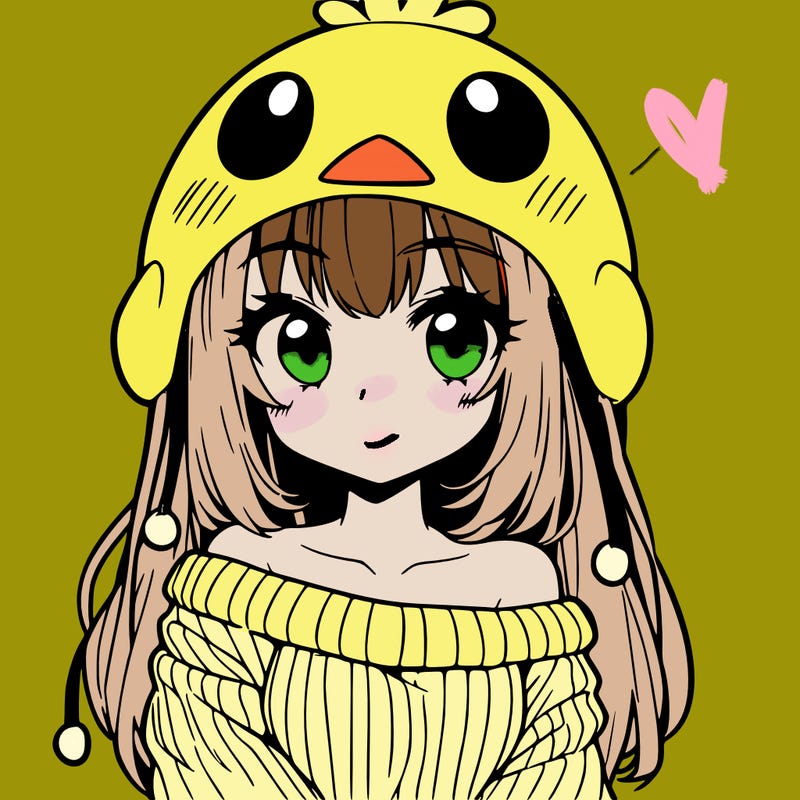 anime girl with chick shaped hat with sweater with bare shoulders with bangs covering them one eye with low tail