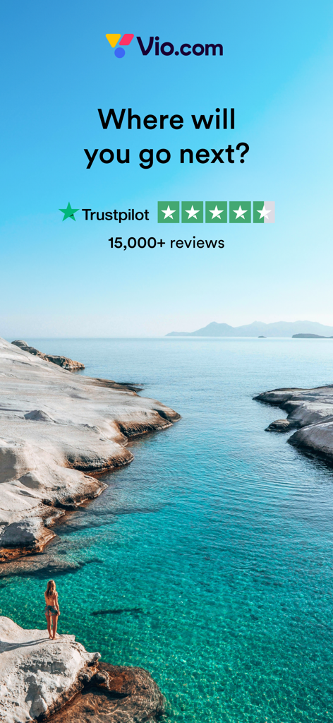 Vio.com app interface showing a scenic coastal destination and Trustpilot rating with over 15000 reviews.