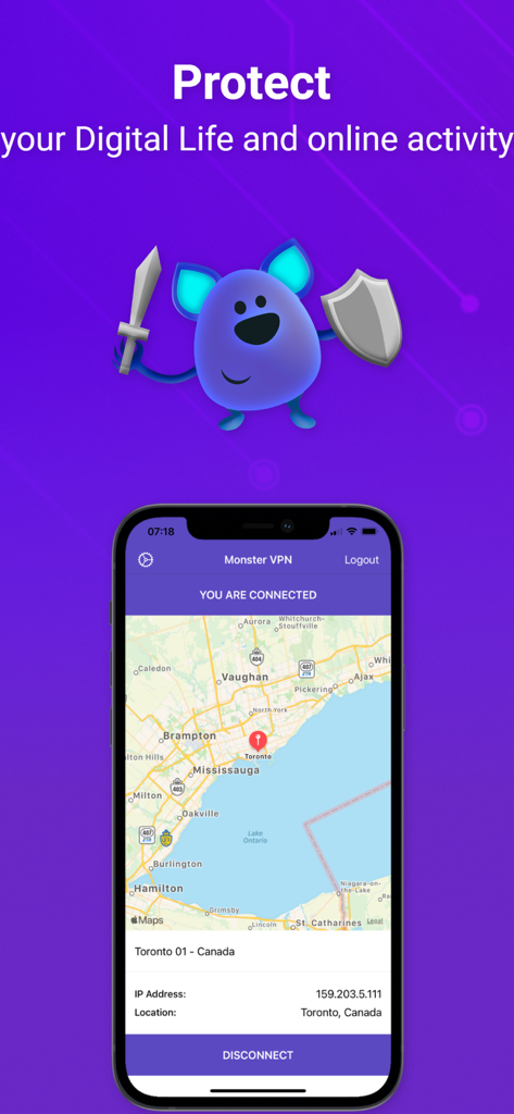 Monster VPN app interface showing a secure connection to a server in Toronto Canada with a monster mascot holding a shield and sword