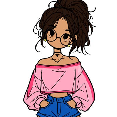 girl with a messy ponytail glasses a baggy crop top and jean shorts