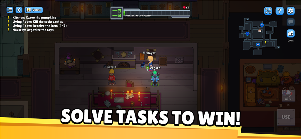 Gameplay screenshot of Betrayal.io showing players performing tasks in the Haunted Mansion map