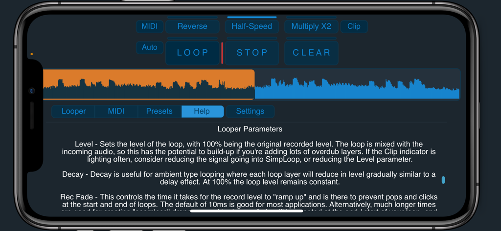 SimpLoop - SimpLoop mobile app interface showing a waveform display and looper parameter descriptions.