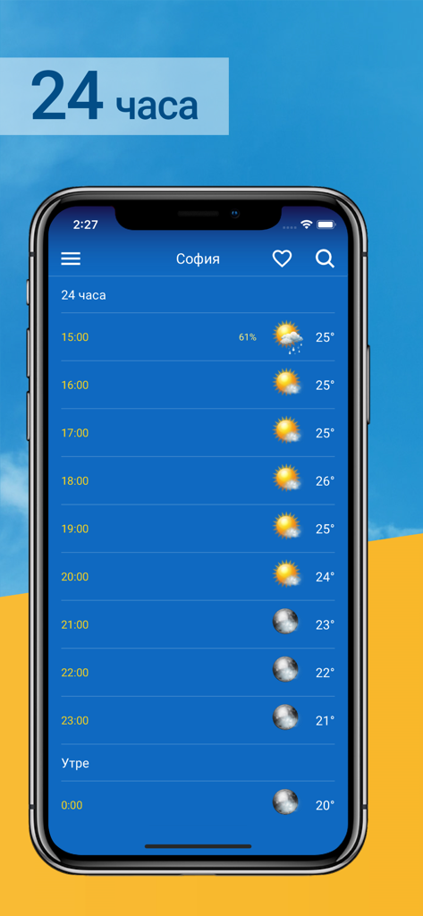 Sinoptik - Sinoptik app screen showing a 24-hour hourly weather forecast for Sofia
