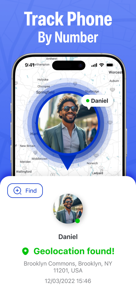 My Phone Tracker・Track Device - Interface de l'application de suivi de téléphone montrant une géolocalisation réussie sur une carte pour un contact nommé Daniel