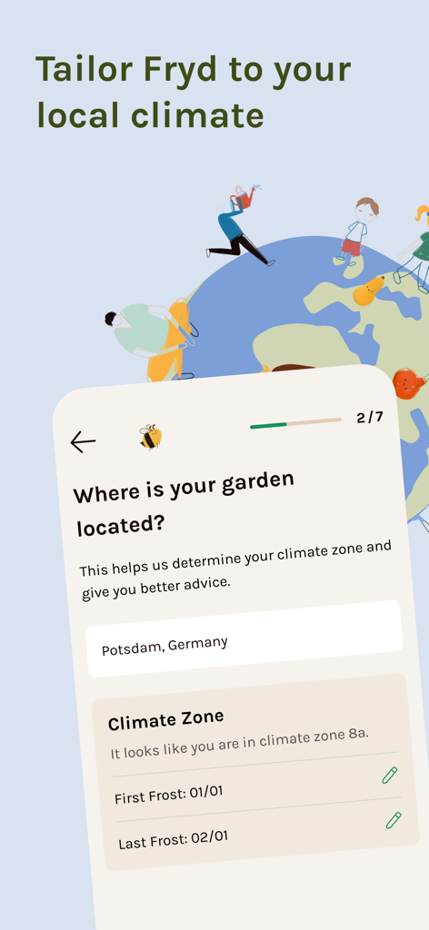 Garden Planner by Fryd - Frydアプリのインターフェースで、庭の場所を設定し、地域の気候帯と霜の日を決定