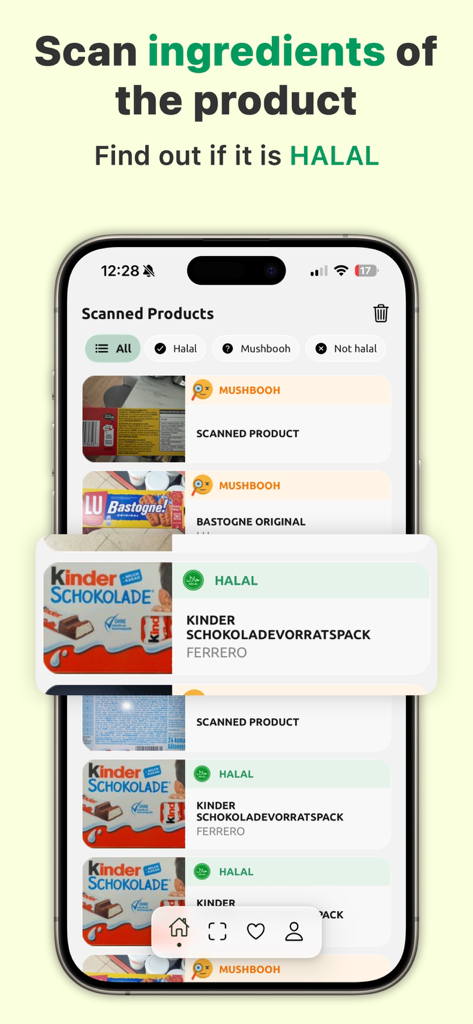 Halal Scanner AI Food Analyze - App-Oberfläche, die eine Liste gescannter Lebensmittelprodukte mit ihrem Halal-Status anzeigt.