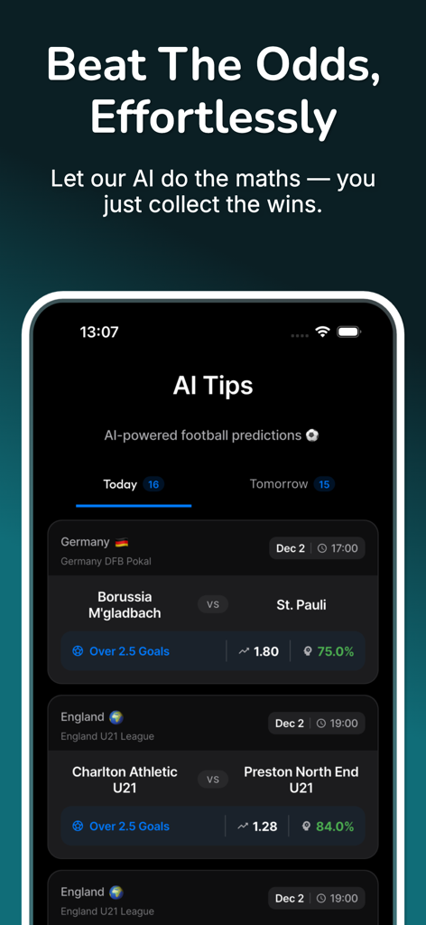 AI Betting Tips - Football - AI Betting Tips app screen displaying daily football predictions with odds and confidence ratings