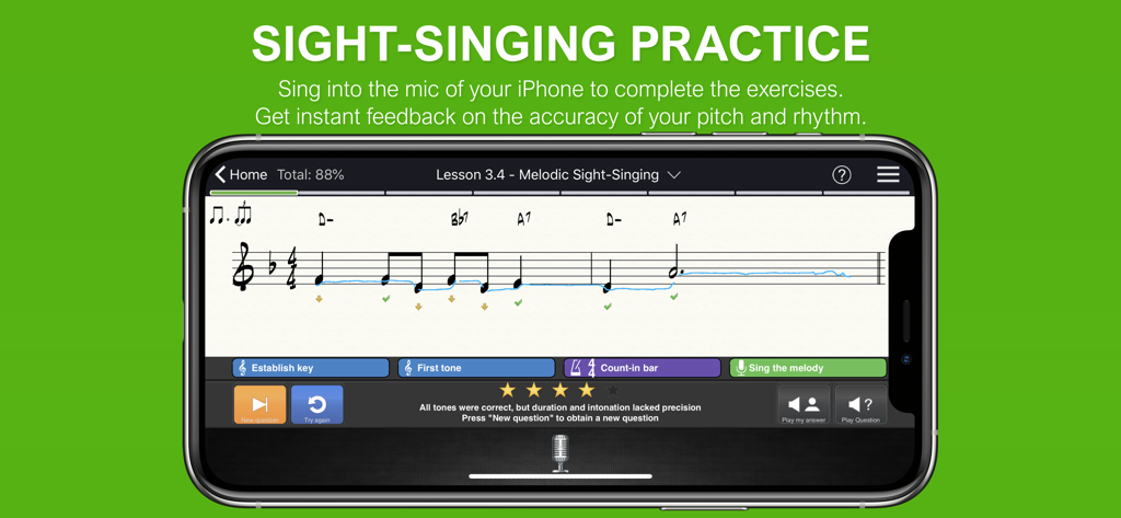 EarMaster app interface for melodic sight-singing practice with real-time pitch feedback