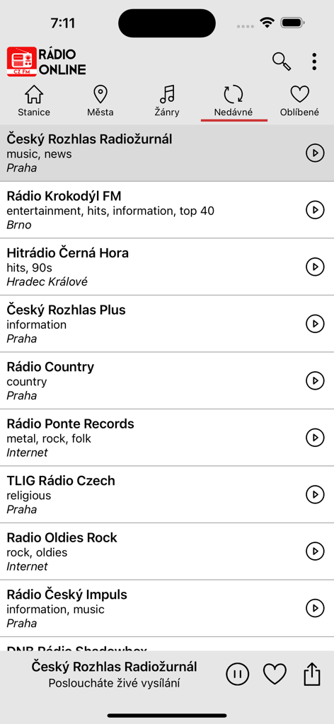 Mobile app interface of Radio Online Ceska showing a list of Czech radio stations including Cesky Rozhlas and Radio Krokodyl