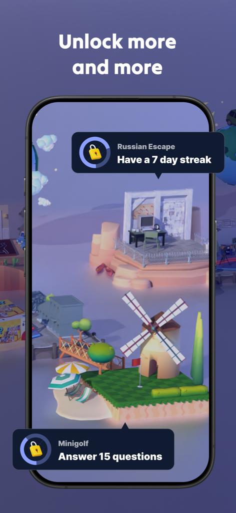 Lovedove: Relationship Builder - Interface of the Lovedove app showing unlockable virtual date activities like minigolf and escape rooms through relationship milestones.