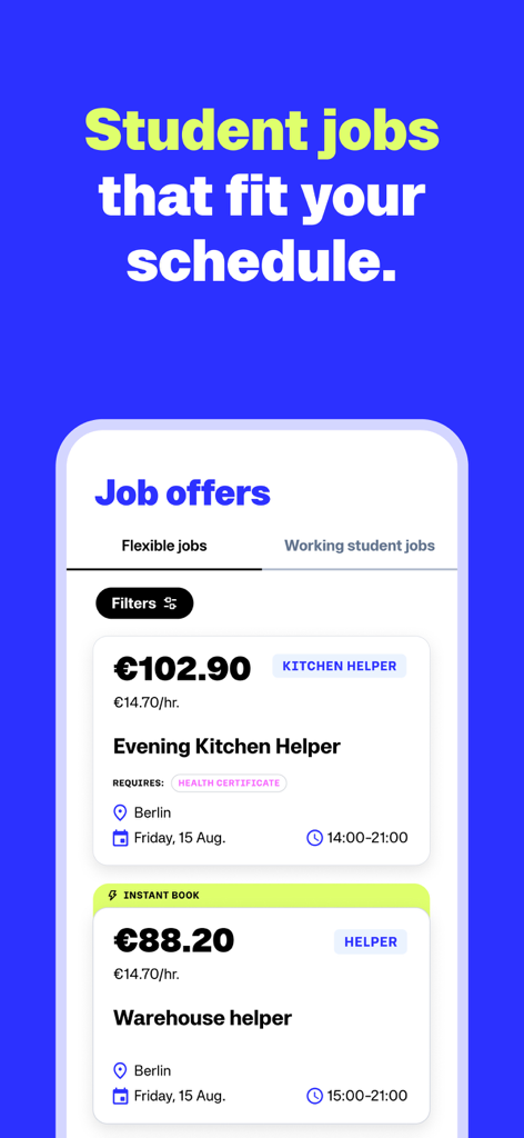 Zenjob - Flexible Nebenjobs - Zenjob app displaying flexible student job offers and earnings in Berlin.