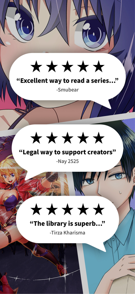 Mangamo Manga Reader & Comics - Screenshot der Mangamo-App, der Fünf-Sterne-Nutzerbewertungen und Testimonials von Lesern zeigt