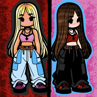 girl in baggy pants crop top and long hair