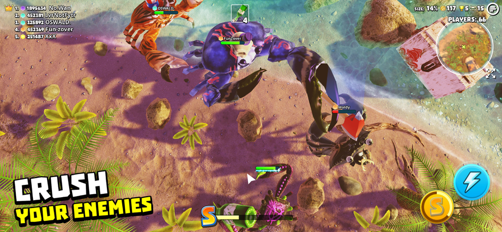 King of Crabsモバイルゲームにおける、熱帯のビーチで複数のカニが戦っている俯瞰図。テキストオーバーレイには「敵を潰せ」と表示されています。