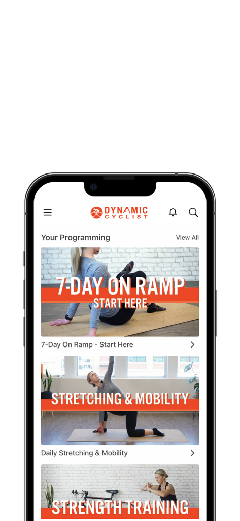Dynamic Cyclist - Dynamic Cyclist mobile app interface showing training programs for stretching mobility and strength training