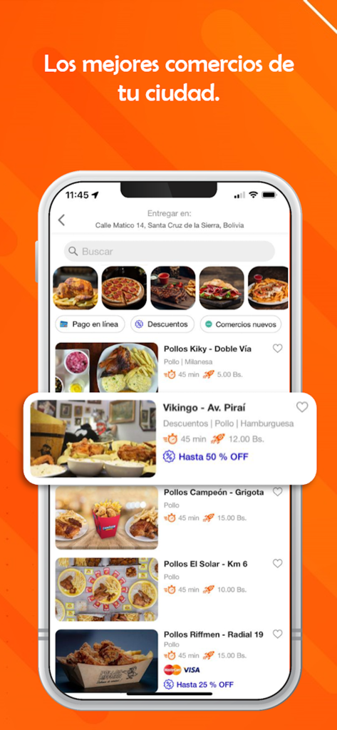 Mr delivery & Ecommerce - Mr deliveryのモバイルアプリインターフェース。サンタクルス、ボリビアのレストランと食品のお得な情報のリストを表示。