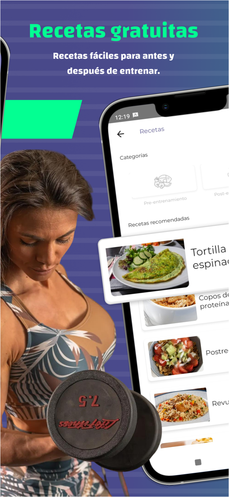 Fitclub Fuerza Femenina - Interface of the Fitclub Fuerza Femenina app showing healthy fitness recipes for pre and post workout sessions.